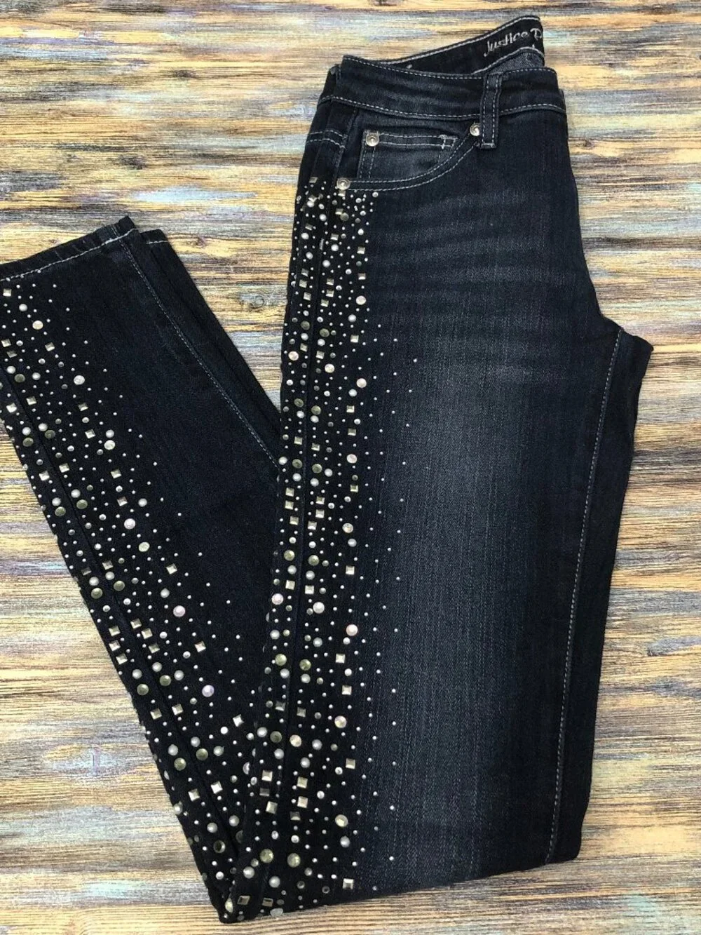 Justice Premium Jeans Girls Size 14S Slim Faux Rhinestones Embellished